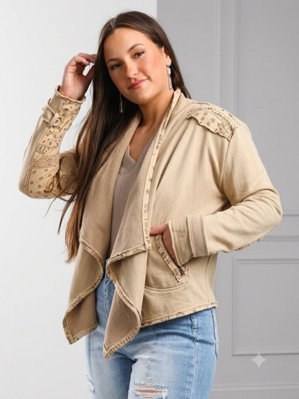 MISS ME French Terry Paisley Open Front Caridgan Jacket Relaxed Fit Western Sz S